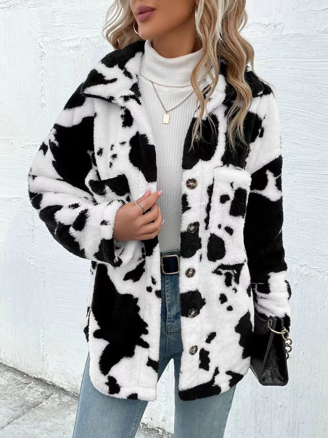 Cow Print Collared Neck Button Up Fuzzy Jacket - Bitsy Gypsy Boutique