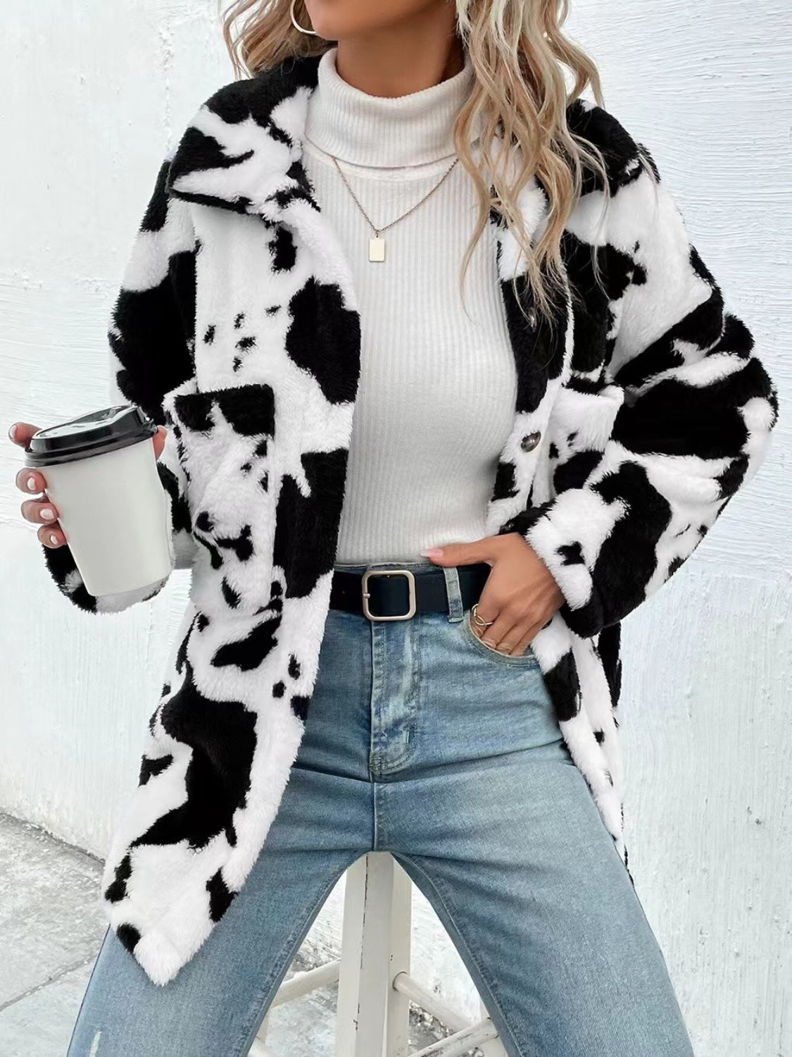 Cow Print Collared Neck Button Up Fuzzy Jacket - Bitsy Gypsy Boutique