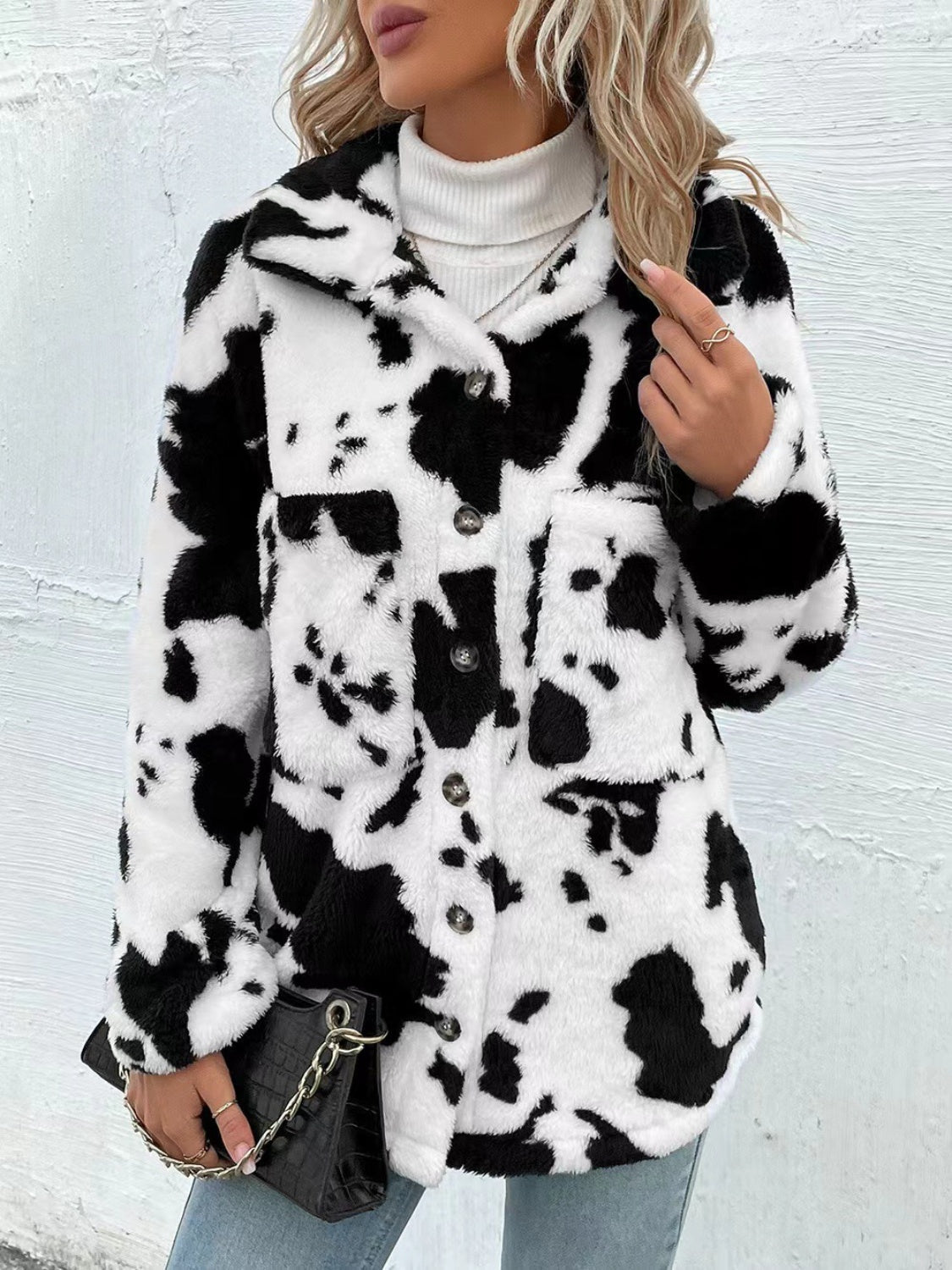 Cow Print Collared Neck Button Up Fuzzy Jacket - Bitsy Gypsy Boutique