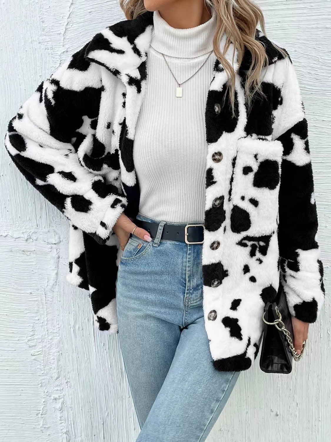 Cow Print Collared Neck Button Up Fuzzy Jacket - Bitsy Gypsy Boutique