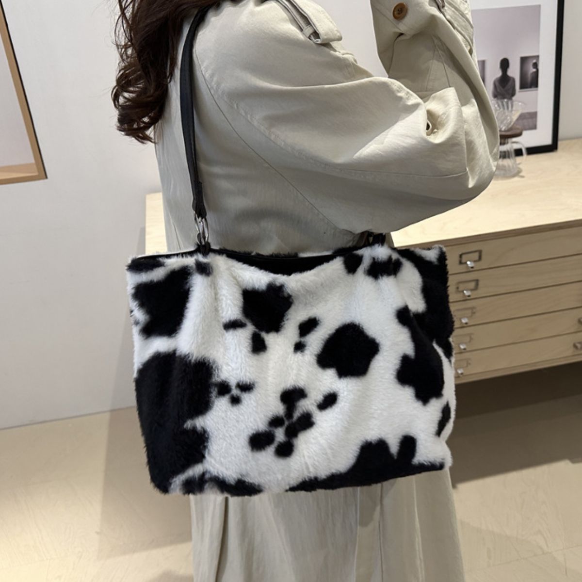 Cow Print Furry Tote Bag - Bitsy Gypsy Boutique