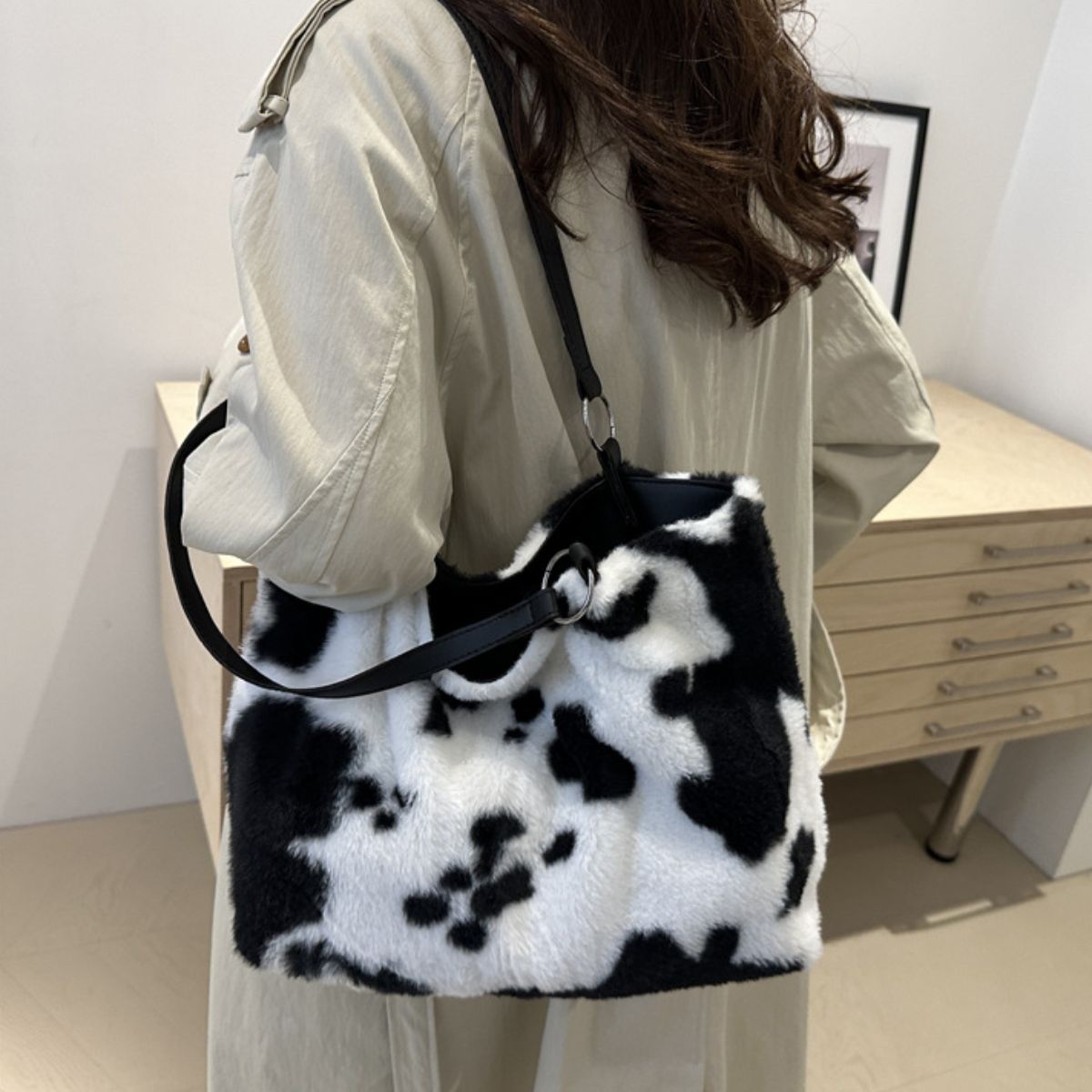 Cow Print Furry Tote Bag - Bitsy Gypsy Boutique