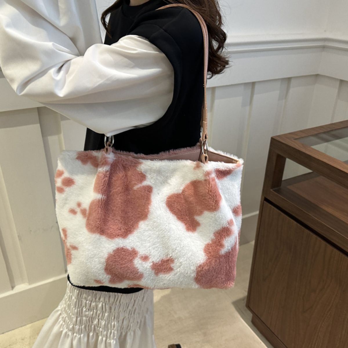 Cow Print Furry Tote Bag - Bitsy Gypsy Boutique