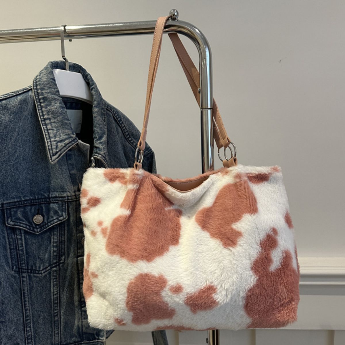 Cow Print Furry Tote Bag - Bitsy Gypsy Boutique