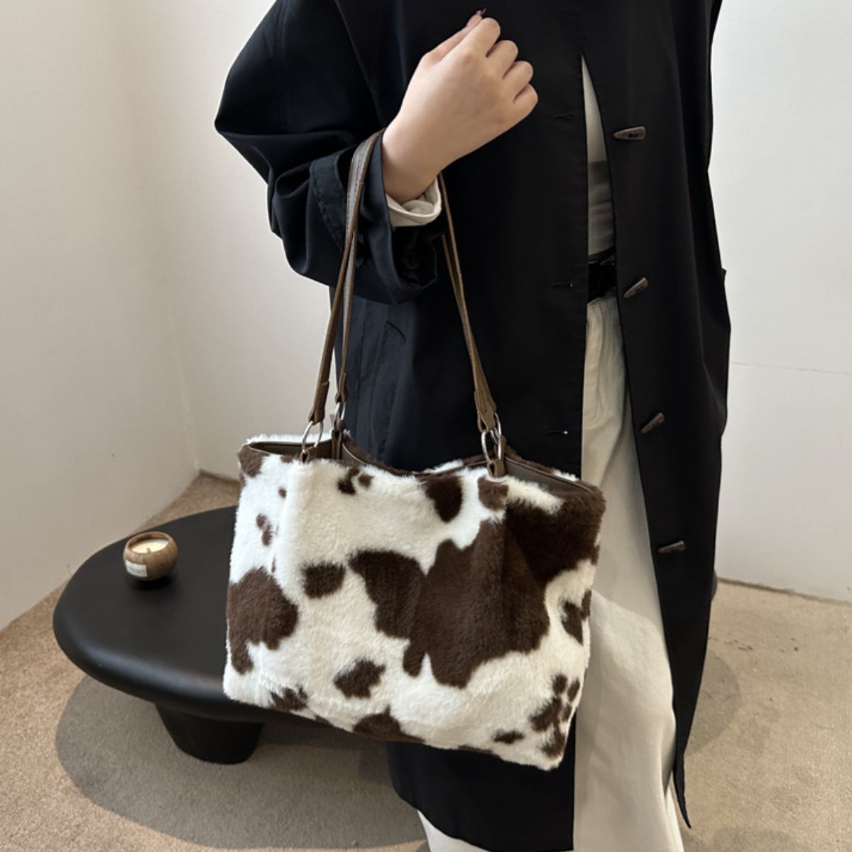 Cow Print Furry Tote Bag - Bitsy Gypsy Boutique