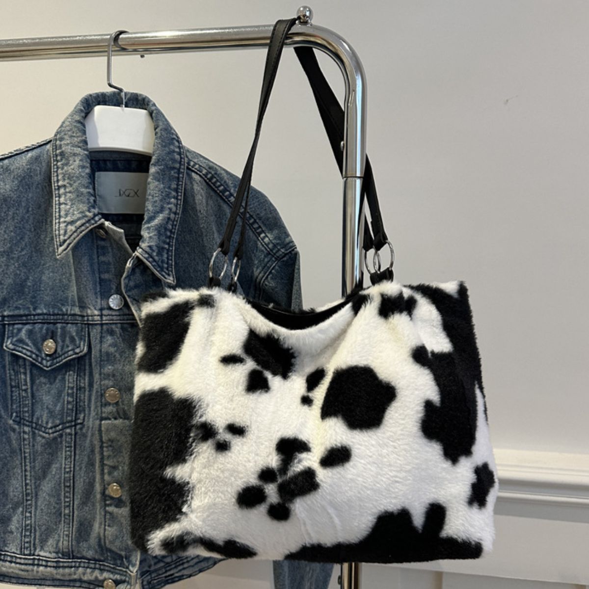 Cow Print Furry Tote Bag - Bitsy Gypsy Boutique