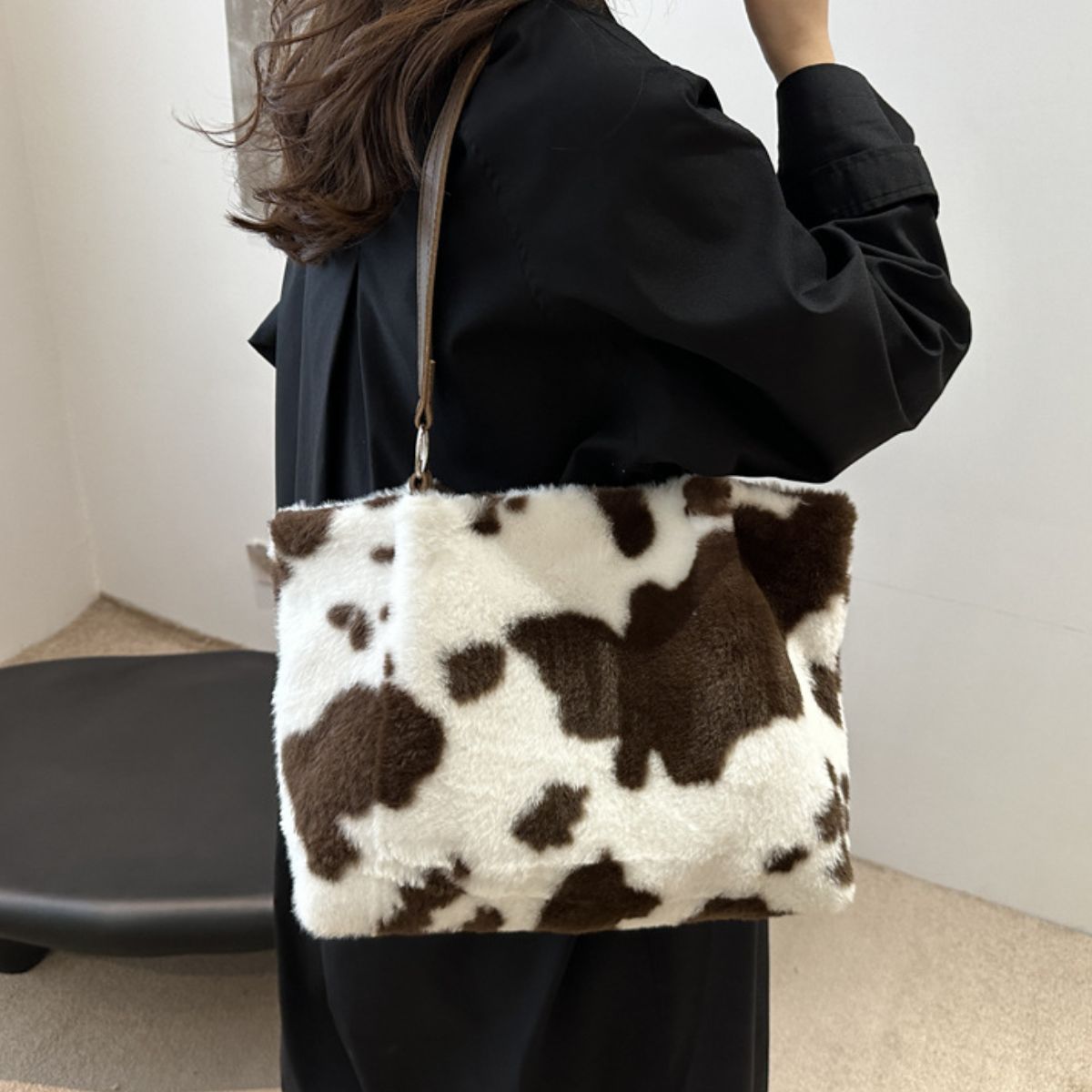 Cow Print Furry Tote Bag - Bitsy Gypsy Boutique