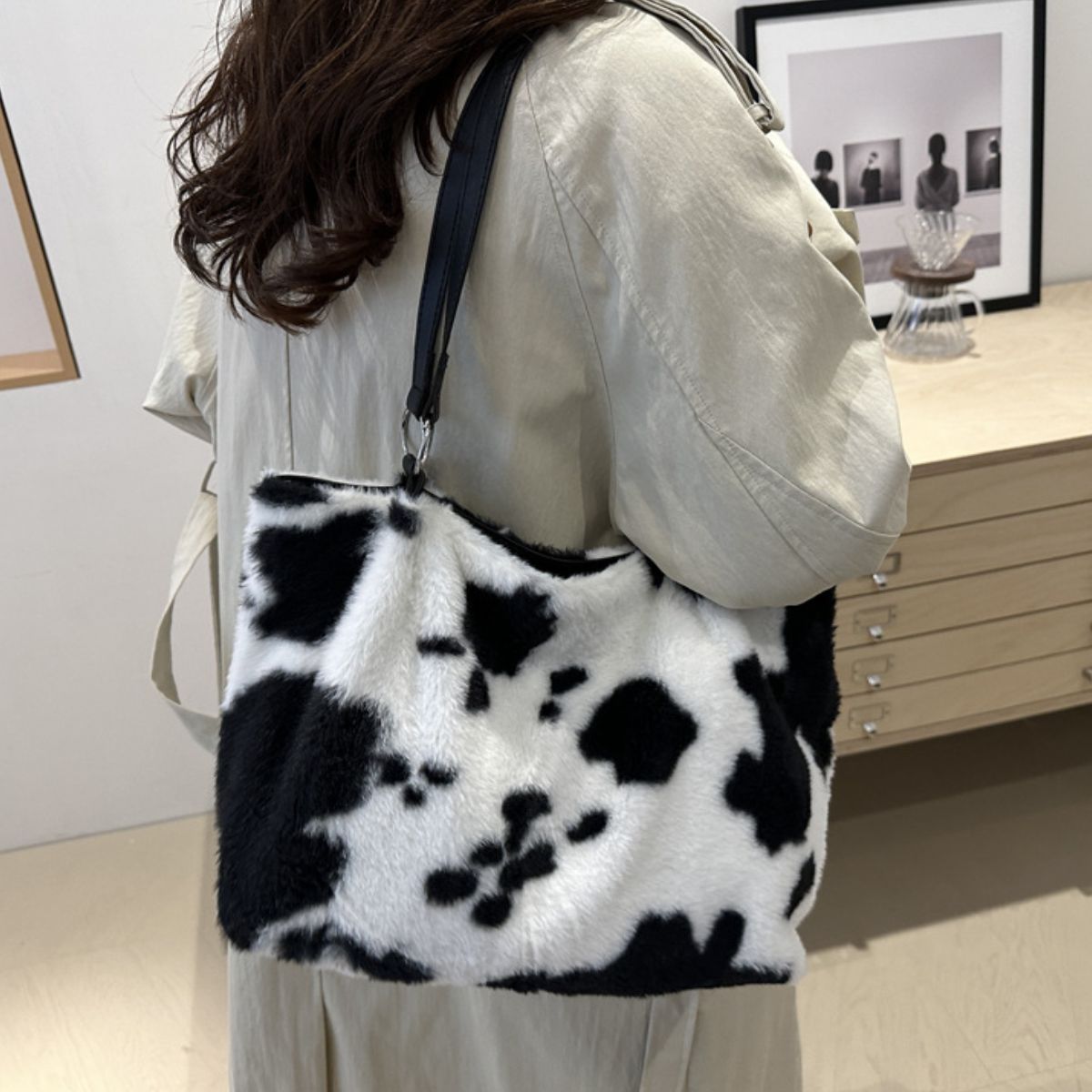 Cow Print Furry Tote Bag - Bitsy Gypsy Boutique