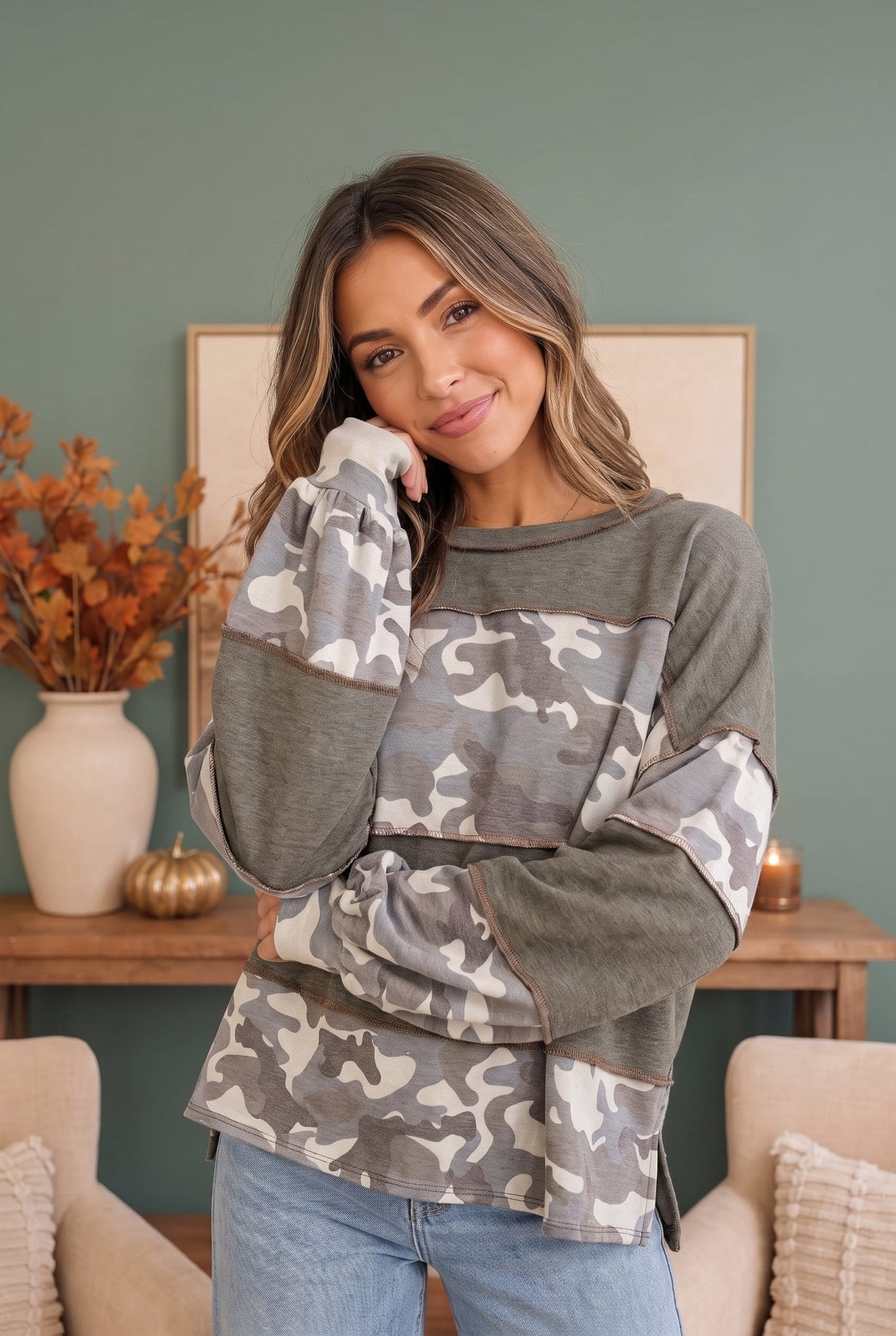 Cozy Camo Color Block Pullover - Bitsy Gypsy Boutique