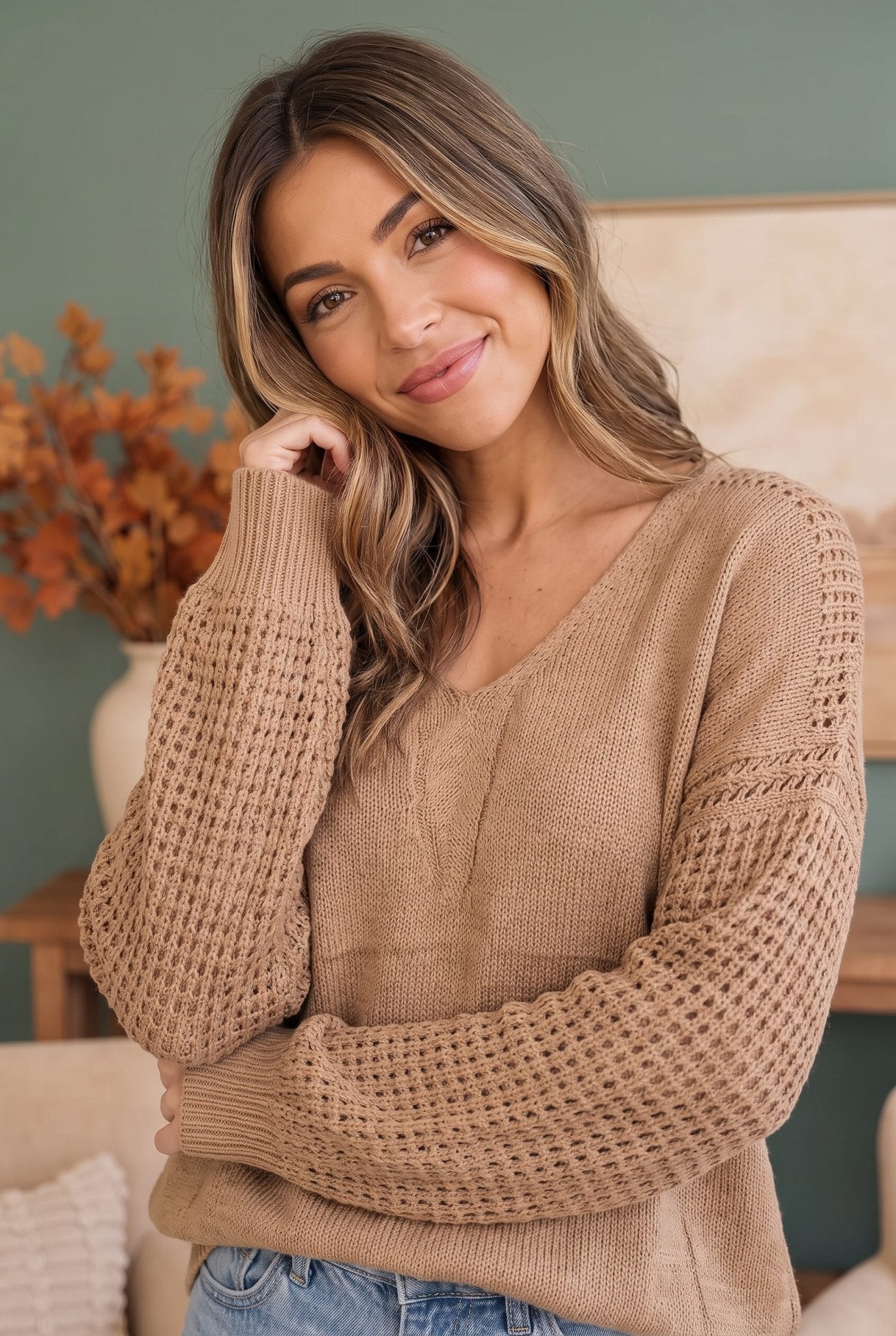 Cozy Caramel V-Neck Sweater with Crochet Sleeves - Bitsy Gypsy Boutique