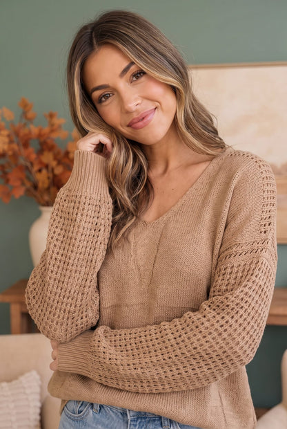 Cozy Caramel V-Neck Sweater with Crochet Sleeves - Bitsy Gypsy Boutique
