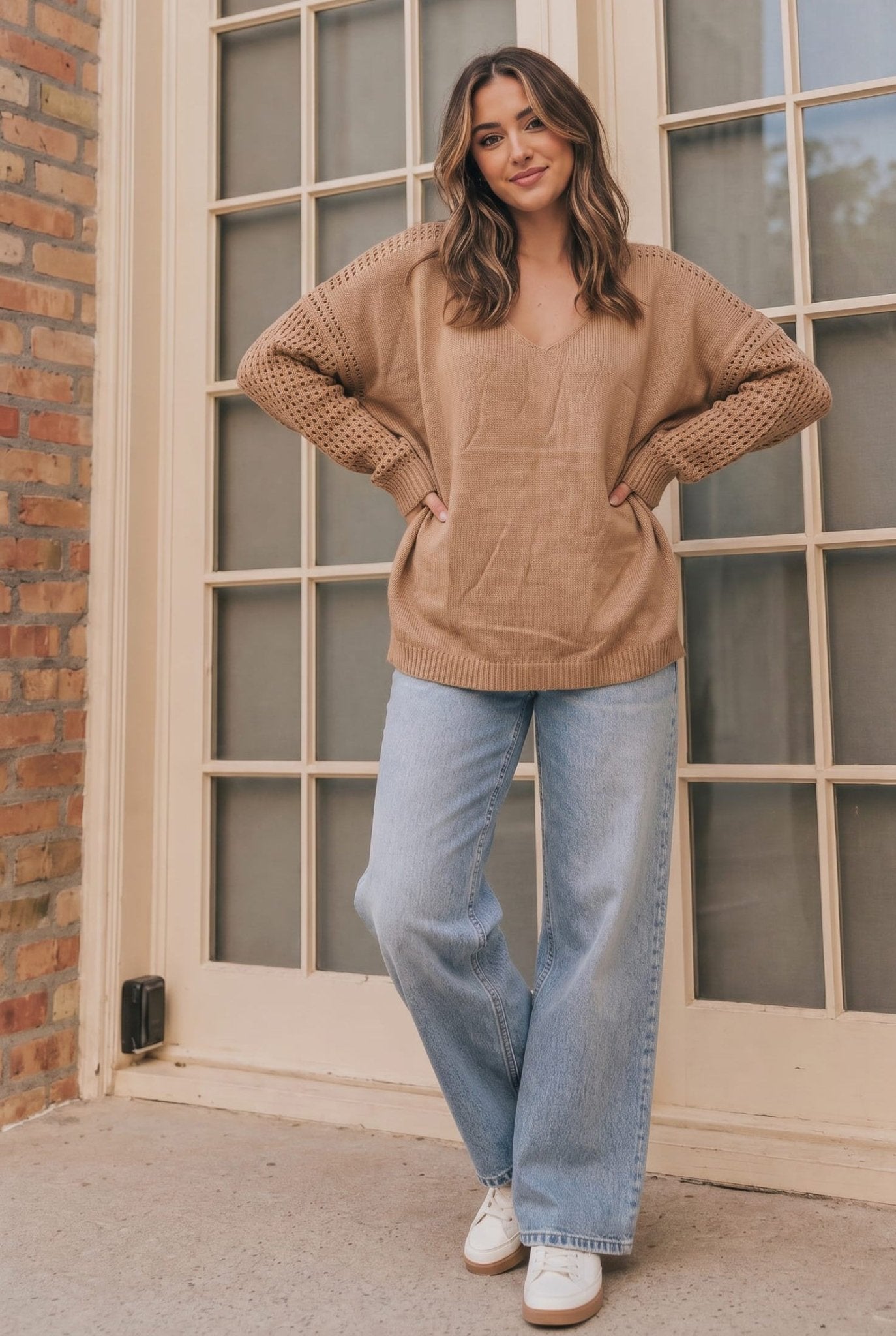 Cozy Caramel V-Neck Sweater with Crochet Sleeves - Bitsy Gypsy Boutique