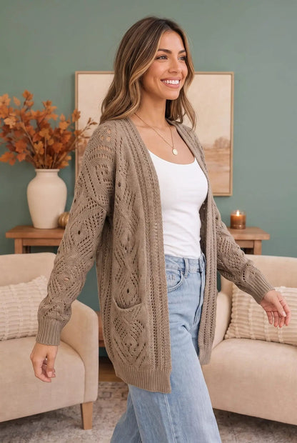 Cozy Days Ahead Open Knit Cardigan in Taupe by Kye Mi