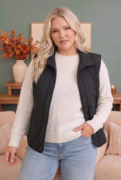 Cozy Days Black Quilted Snap Button Vest by Haptics