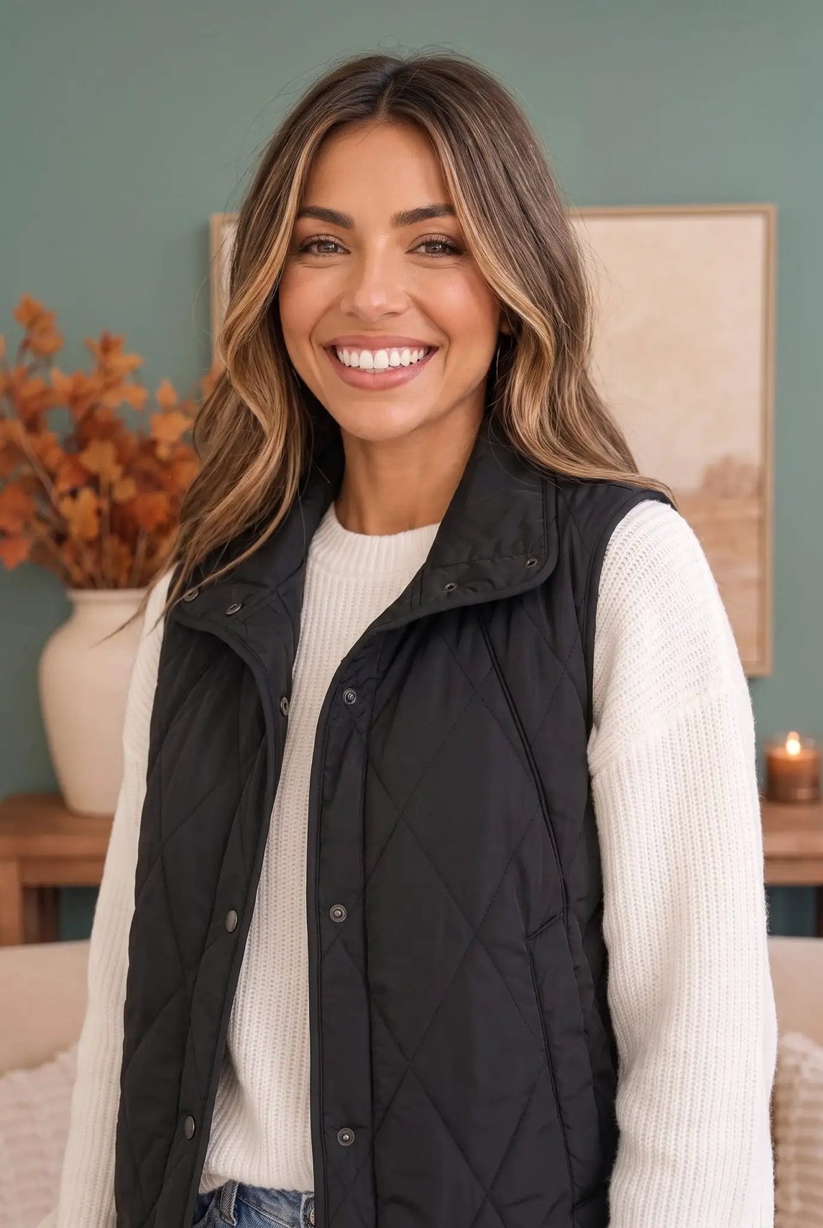 Cozy Days Black Quilted Snap Button Vest by Haptics