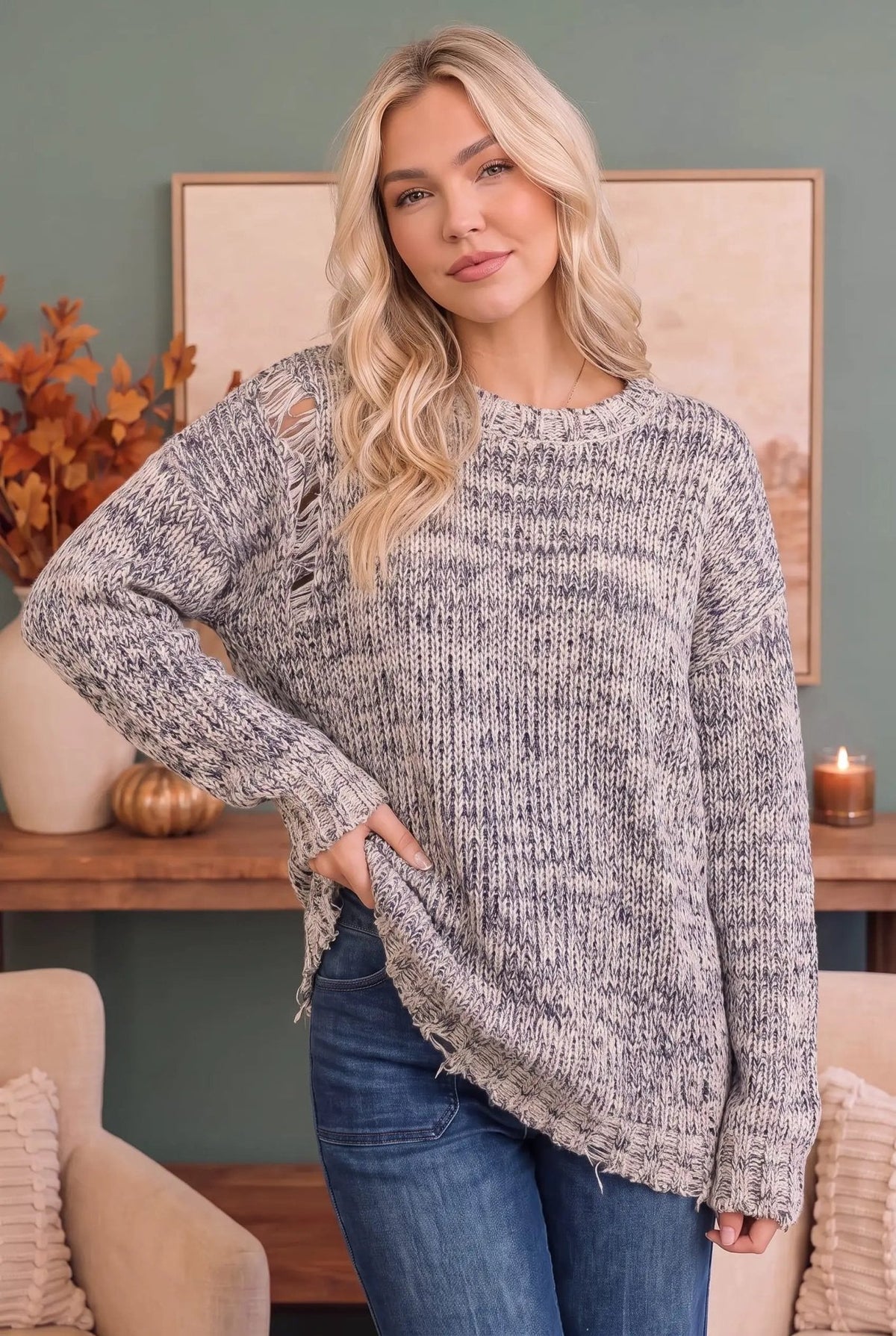 Cozy Days Distressed Marled Knit Sweater - Bitsy Gypsy Boutique