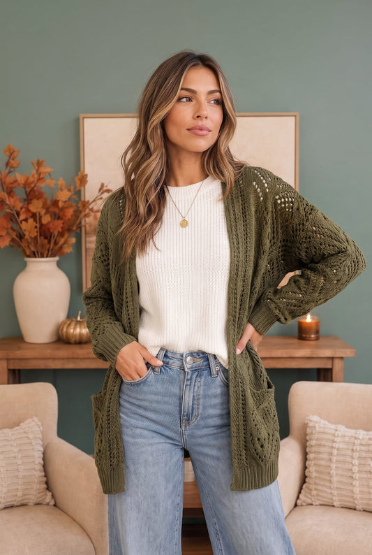 Cozy Days Open Knit Cardigan in Olive - Bitsy Gypsy Boutique