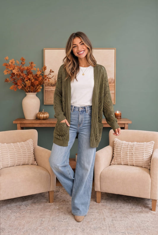 Cozy Days Open Knit Cardigan in Olive - Bitsy Gypsy Boutique