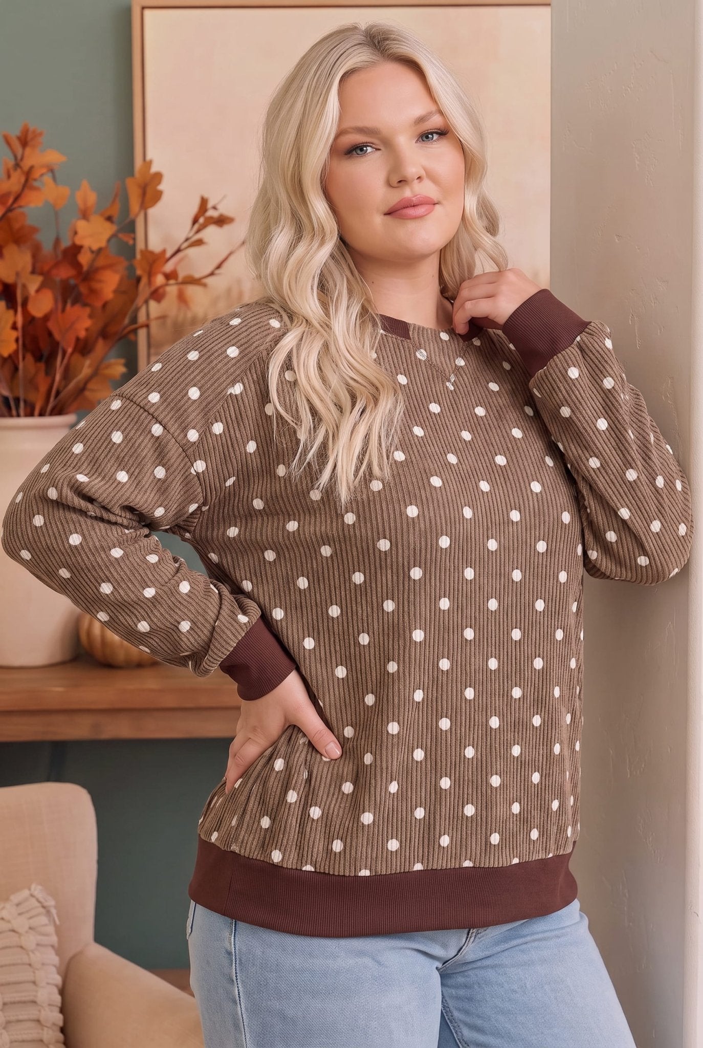 Cozy Dots Ribbed Pullover in Caramel - Bitsy Gypsy Boutique