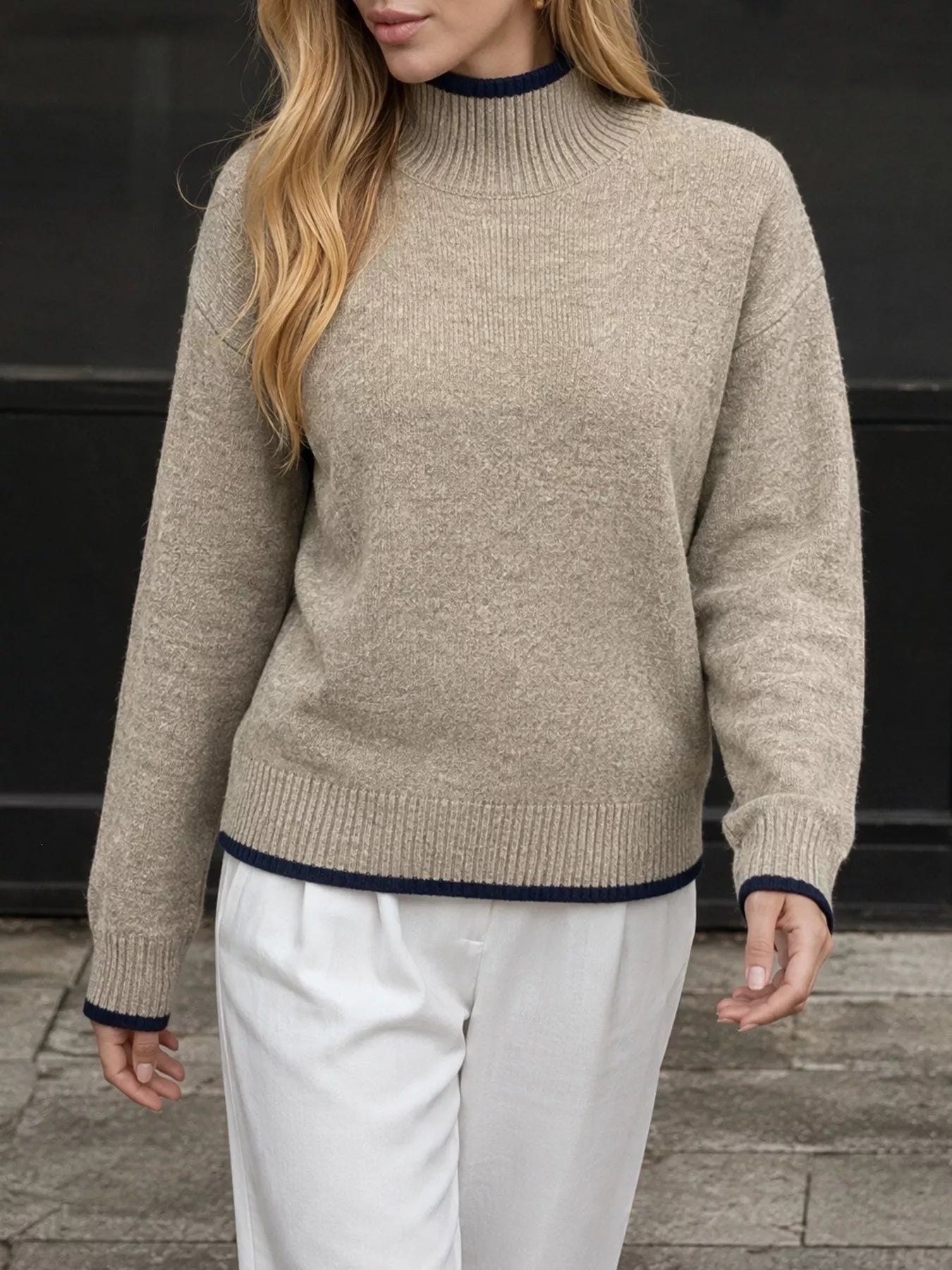 Cozy Mock Neck Sweater with Contrast Trim - Bitsy Gypsy Boutique