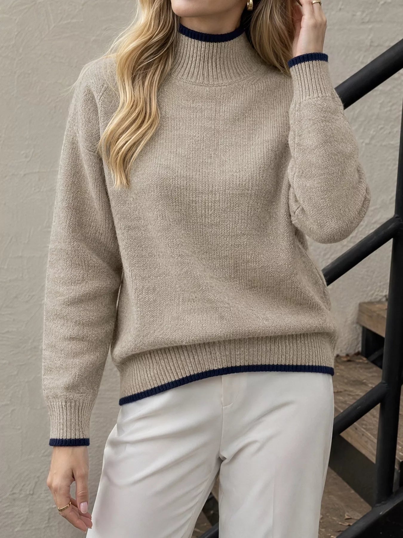 Cozy Mock Neck Sweater with Contrast Trim - Bitsy Gypsy Boutique