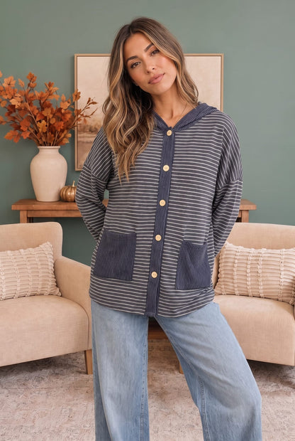 Crafting Corner Stripe Button Front Hoodie - Bitsy Gypsy Boutique