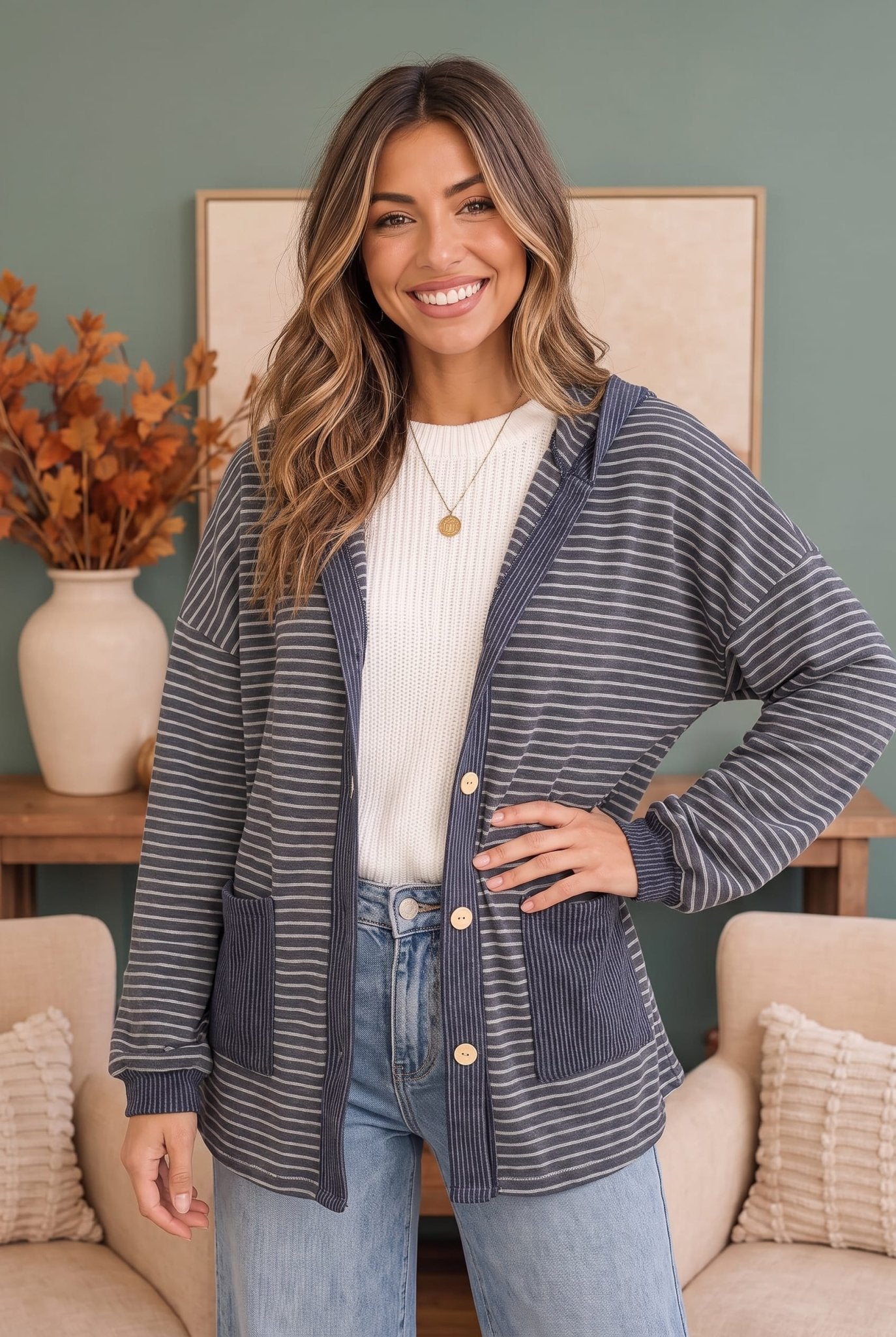Crafting Corner Stripe Button Front Hoodie - Bitsy Gypsy Boutique