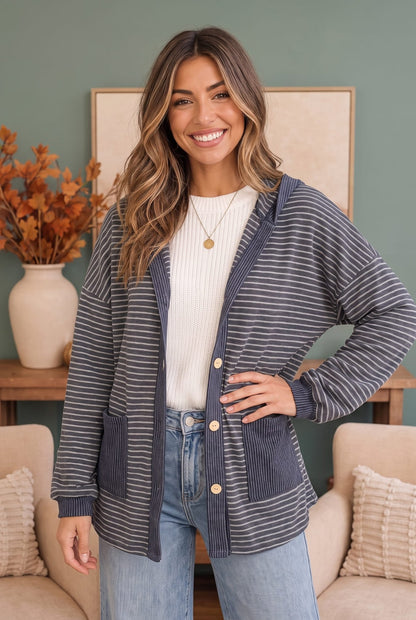 Crafting Corner Stripe Button Front Hoodie - Bitsy Gypsy Boutique