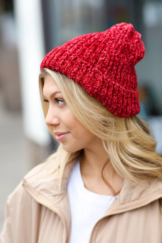 Cranberry Knit Velvet Chenille Fold Over Beanie - Bitsy Gypsy Boutique