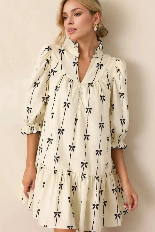 Cream Bow Print Half Sleeve Button Front Mini Dress - Bitsy Gypsy Boutique