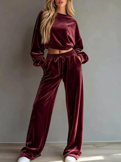 Cream Cropped Sweatshirt Drawstring Wide Leg Pants Set - Bitsy Gypsy Boutique