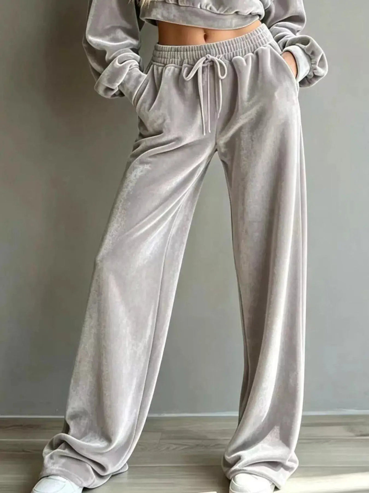 Cream Cropped Sweatshirt Drawstring Wide Leg Pants Set - Bitsy Gypsy Boutique