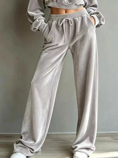 Cream Cropped Sweatshirt Drawstring Wide Leg Pants Set - Bitsy Gypsy Boutique