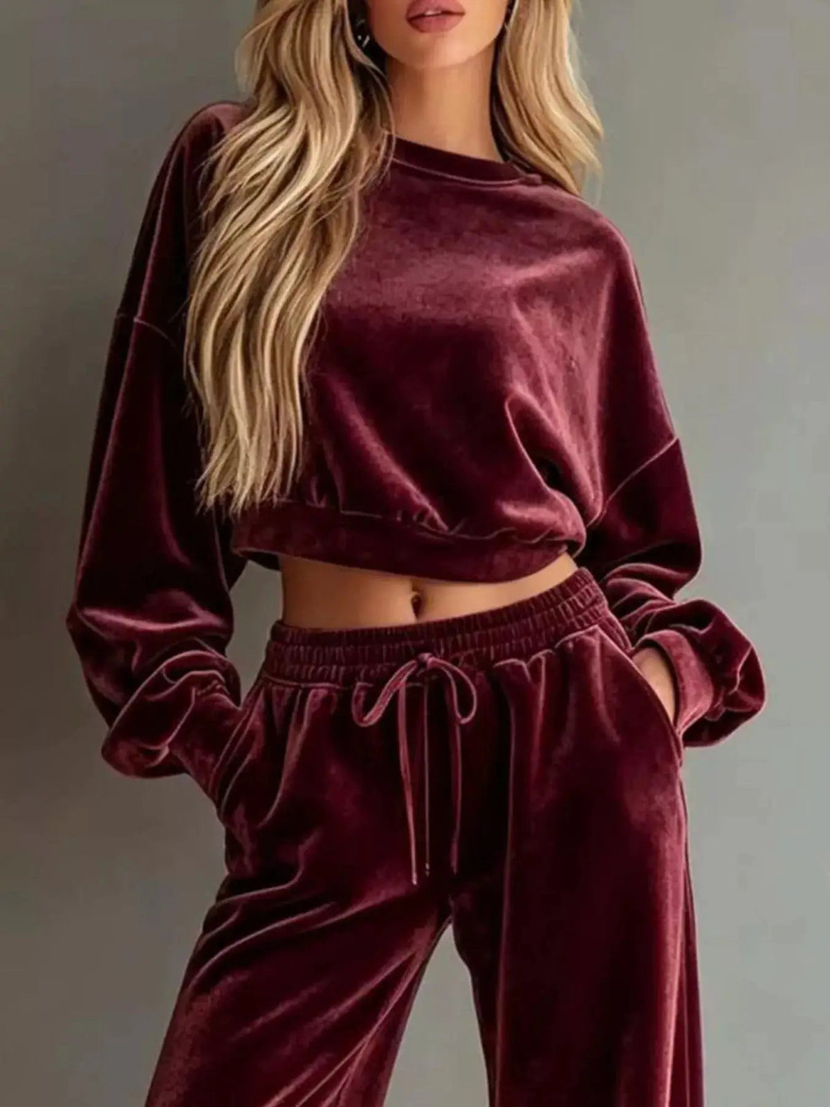 Cream Cropped Sweatshirt Drawstring Wide Leg Pants Set - Bitsy Gypsy Boutique