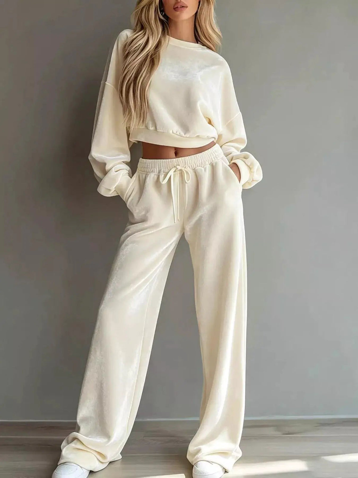 Cream Cropped Sweatshirt Drawstring Wide Leg Pants Set - Bitsy Gypsy Boutique