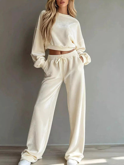 Cream Cropped Sweatshirt Drawstring Wide Leg Pants Set - Bitsy Gypsy Boutique