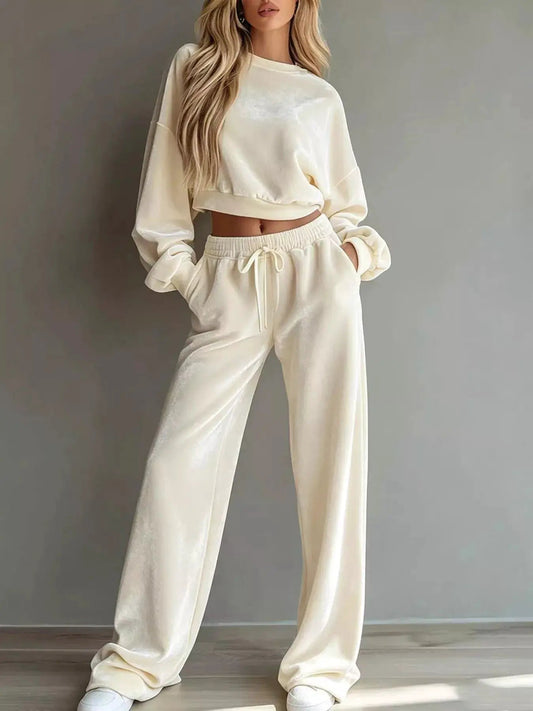 Cream Cropped Sweatshirt Drawstring Wide Leg Pants Set - Bitsy Gypsy Boutique