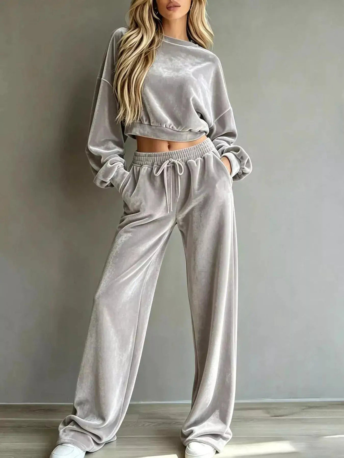 Cream Cropped Sweatshirt Drawstring Wide Leg Pants Set - Bitsy Gypsy Boutique