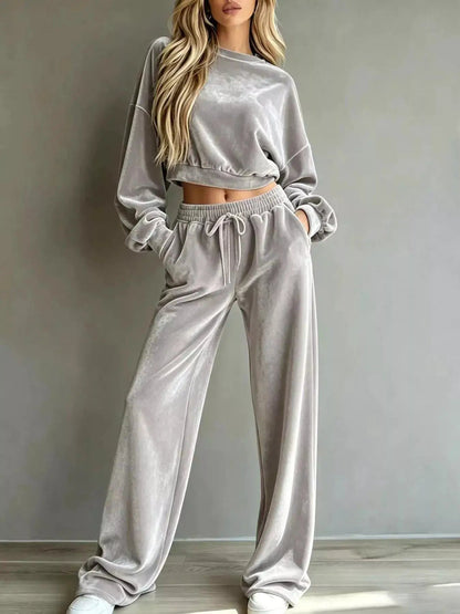 Cream Cropped Sweatshirt Drawstring Wide Leg Pants Set - Bitsy Gypsy Boutique