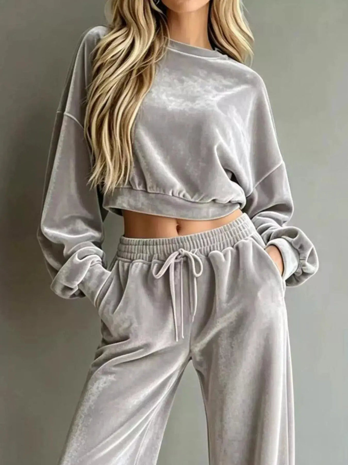 Cream Cropped Sweatshirt Drawstring Wide Leg Pants Set - Bitsy Gypsy Boutique