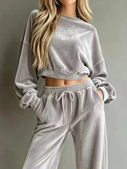 Cream Cropped Sweatshirt Drawstring Wide Leg Pants Set - Bitsy Gypsy Boutique