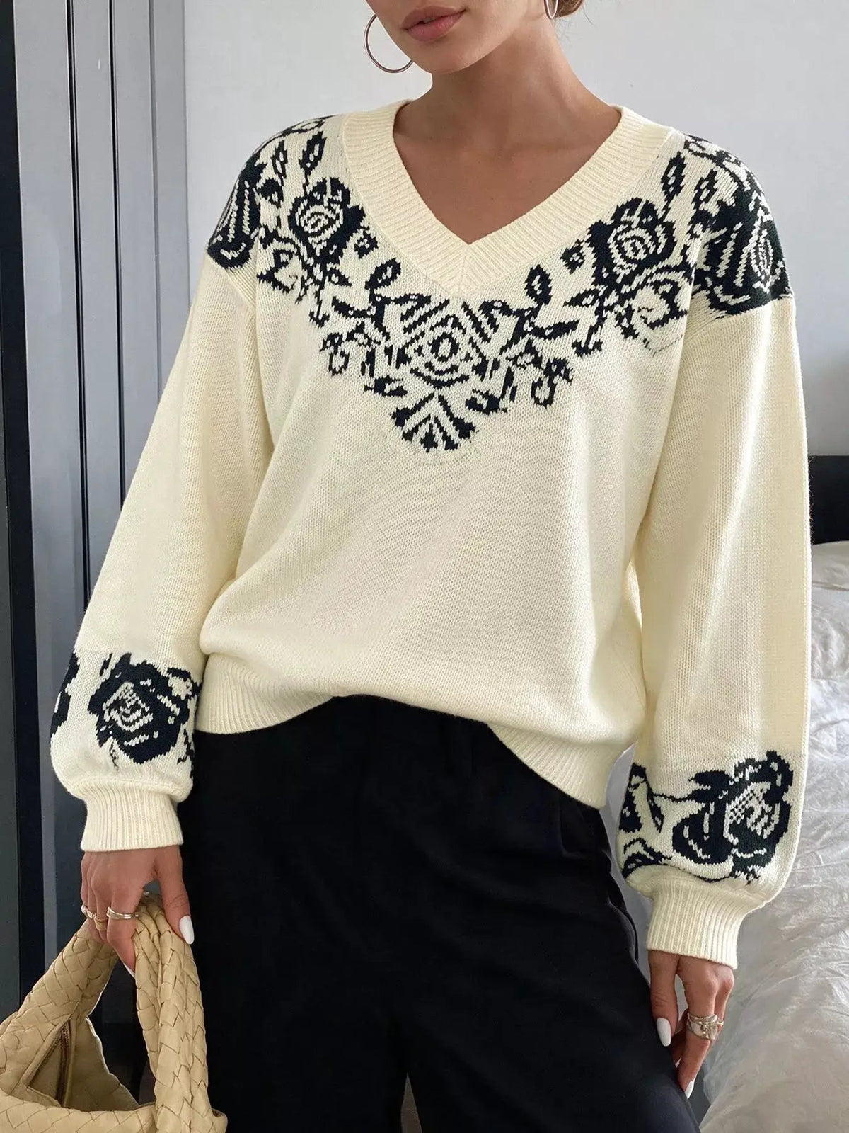 Cream Floral Dropped Shoulder V-Neck Sweater - Bitsy Gypsy Boutique