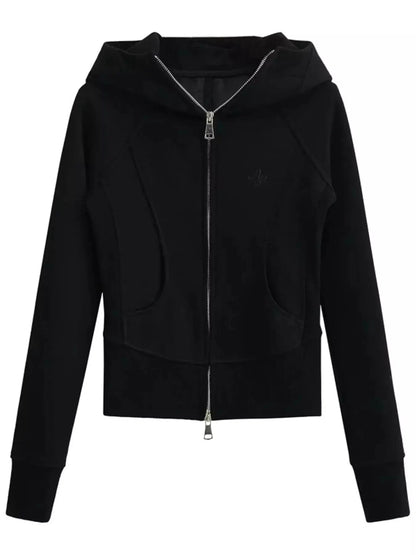 Cream Full Zip Pocketed Ribbed Seam Detail Hoodie - Bitsy Gypsy Boutique