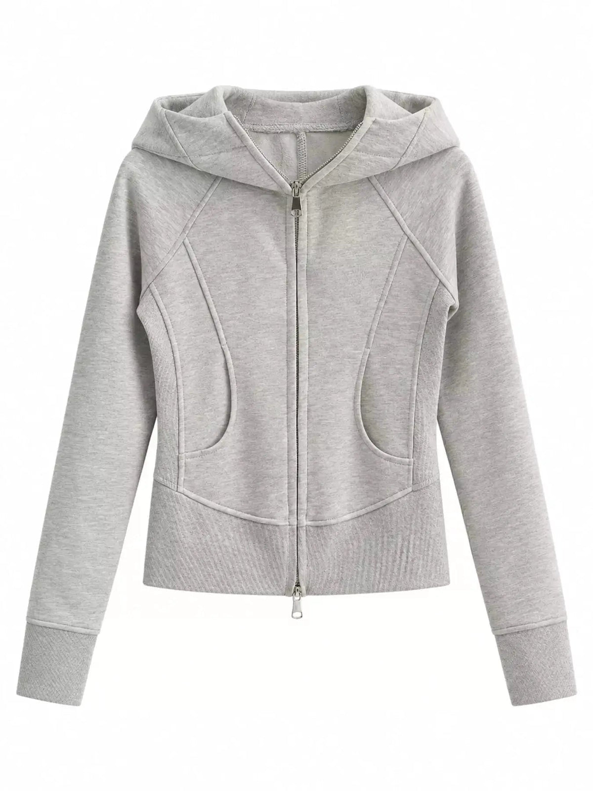 Cream Full Zip Pocketed Ribbed Seam Detail Hoodie - Bitsy Gypsy Boutique