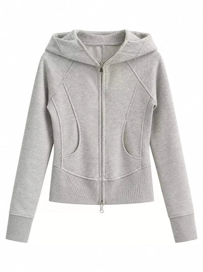 Cream Full Zip Pocketed Ribbed Seam Detail Hoodie - Bitsy Gypsy Boutique