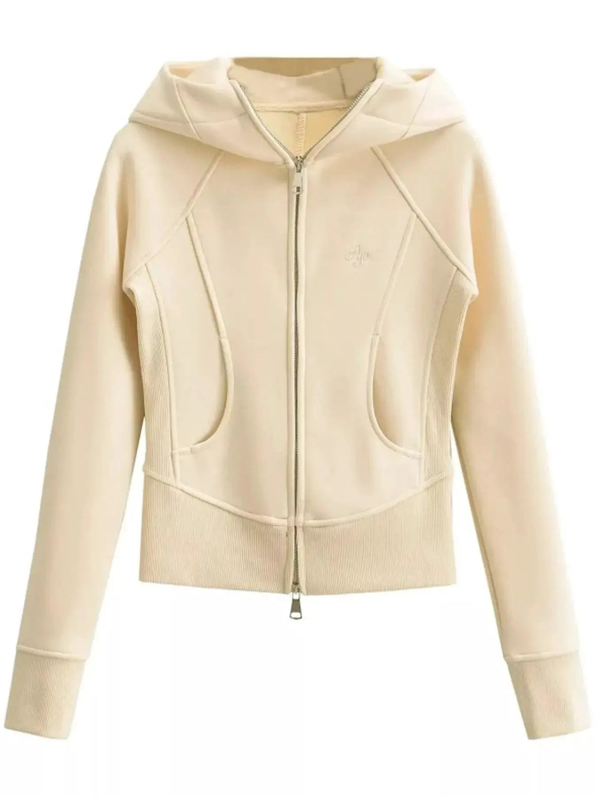 Cream Full Zip Pocketed Ribbed Seam Detail Hoodie - Bitsy Gypsy Boutique