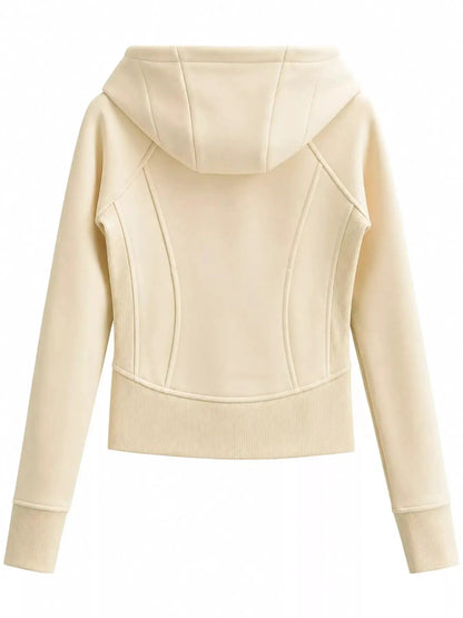 Cream Full Zip Pocketed Ribbed Seam Detail Hoodie - Bitsy Gypsy Boutique