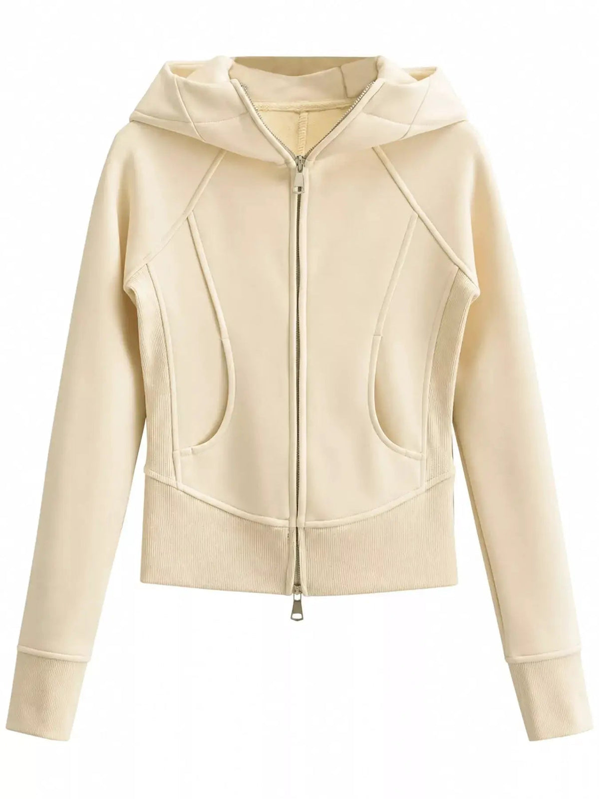 Cream Full Zip Pocketed Ribbed Seam Detail Hoodie - Bitsy Gypsy Boutique