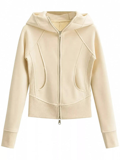 Cream Full Zip Pocketed Ribbed Seam Detail Hoodie - Bitsy Gypsy Boutique