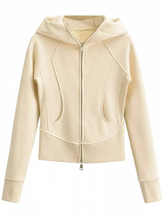 Cream Full Zip Pocketed Ribbed Seam Detail Hoodie - Bitsy Gypsy Boutique